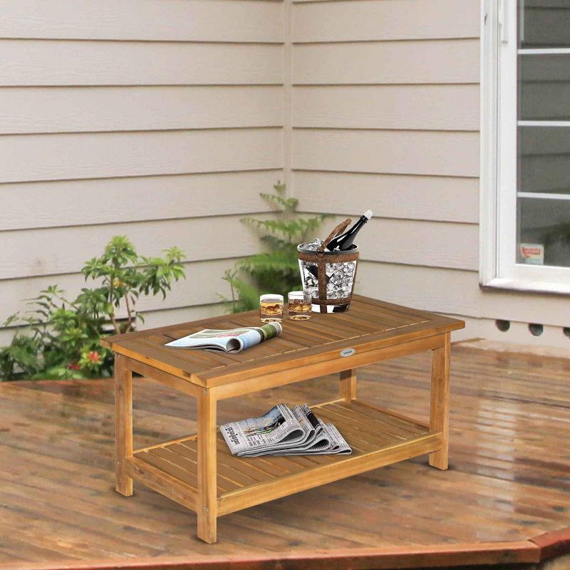 Outsunny 36" Outdoor Coffee Table 2-Shelf Acacia Wood Rectangular Buffet Storage Organizer Natural Finish Teak Patio, Deck, Lawn, Garden, 2 of 9