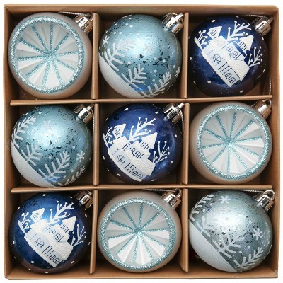 9pc Elegant Blue Winter Theme Christmas Ornament Bundle, Snow and Tree Baubles| OrnamentallyYou