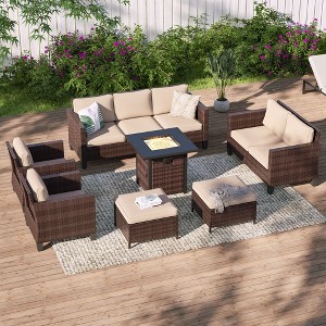 Sonkuki 7 Pieces Patio Sofa with Square Fire Pit Table and Ottomans, Wicker Conversation Couch, Sand Cushion - 1 of 4