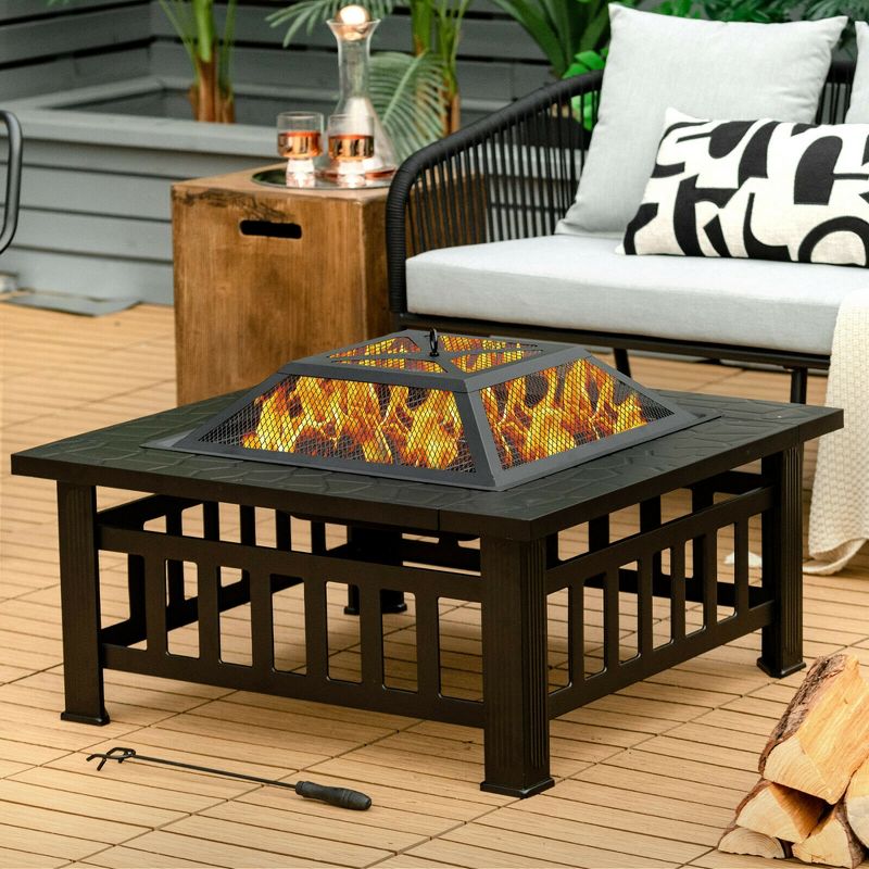 Costway 32'' 3 in 1 Outdoor Square Fire Pit Table W/ BBQ Grill, Rain Cover for Camping, 2 of 11