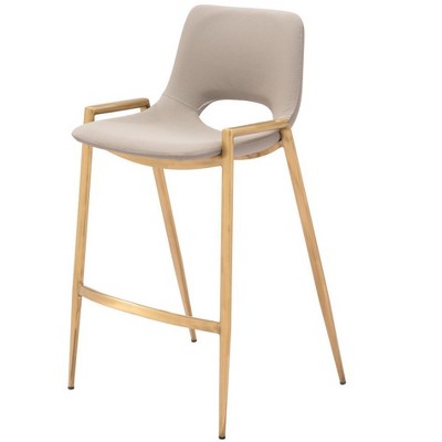 HomeRoots Set of Two 26" Beige And Gold Faux Leather And Steel Low Back Counter Height Bar Chairs