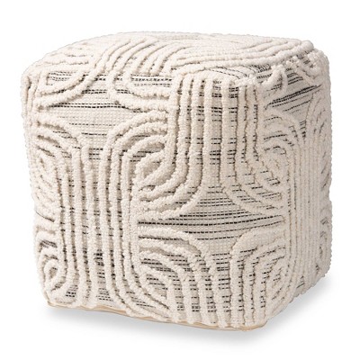 Arlett Bohemian Ivory and Handwoven Wool Blend Pouf Ottoman Ivory/Black - Baxton Studio