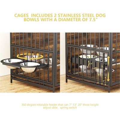 Large Brown Steel and Wood Dog Crate Table with Bowls