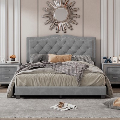 Modern Velvet Upholstered Platform Bed with Tufted Headboard,Sturdy Wood Frame,Queen Size-Maison Boucle