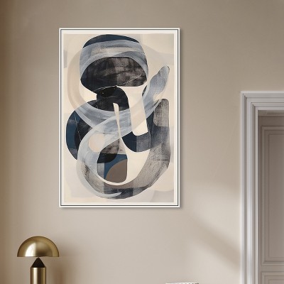 Large Abstract Blue and Gray Canvas Wall Art with White Frame