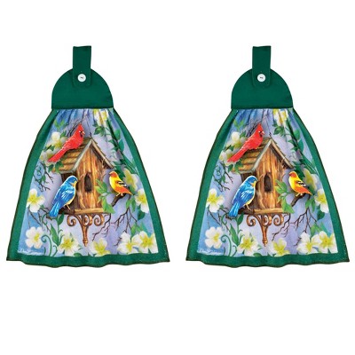 Collections Etc Floral Songbird Scene Kitchen Towels - Set of 2 Green