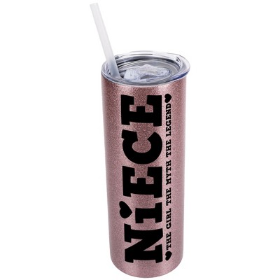 Elanze Designs Bubblegum Pink 20 Ounce Double Wall Stainless Steel Glitter Travel Tumbler With Sliding Lid And Straw, Niece The Girl The Myth The