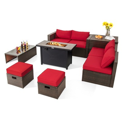 Tangkula 9 Pieces Outdoor Patio Furniture Set with 42" Propane Fire Pit Table Outdoor PE Wicker Space-Saving Sectional Sofa Set Black/Gray/Navy/Red/Turquoise/Off White