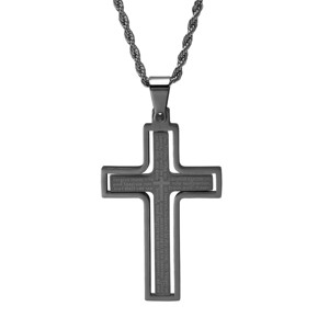 Steeltime Men's stainless steel Our Father english prayer rotating cross pendant. Color Options: Silver, Gold, Black, Mixed - 1 of 4