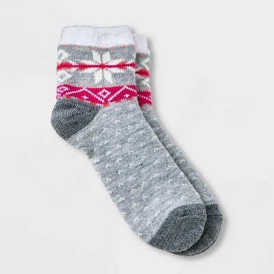 Women's Geo Pattern Double Lined Cozy Ankle Socks - A New Day™ Pink/Heather Gray 4-10