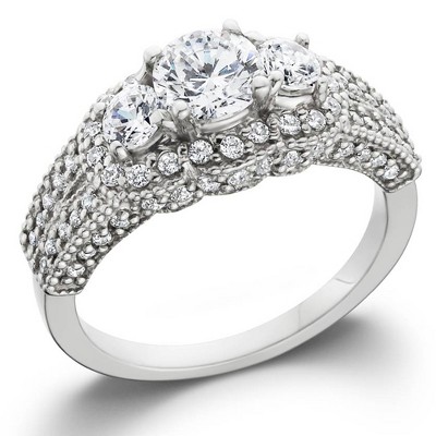 Pompeii3 1 3/4ct Round Three Stone Pave Diamond Engagement Ring 14k White Gold
