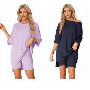 INSPIRE CHIC Women's 2 Pcs Knit Loungewear 3/4 Sleeve T-Shirt with Bike Shorts Pajama Set - 1 of 4