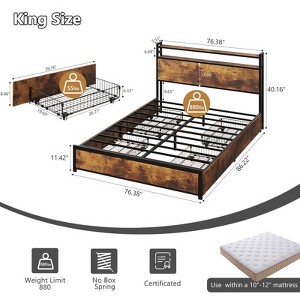 VINGLI Bed Frame with 4 Storage Drawers/Headboard, Metal Platform with Charging Station and LED, No Box Spring Needed, Easy Assembly, Vintage Brown - 1 of 4