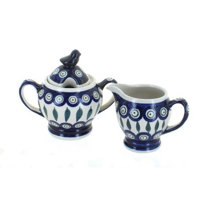 Blue Rose Polish Pottery Peacock Cream & Sugar