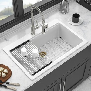 Gulches White Granite Composite Workstation Drop-in Quartz Kitchen Sink, 33"x22" - 1 of 4