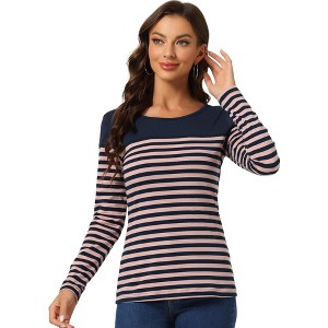 INSPIRE CHIC Women's Color Block Round Neck Long Sleeves Striped Basic T-Shirt - 1 of 4