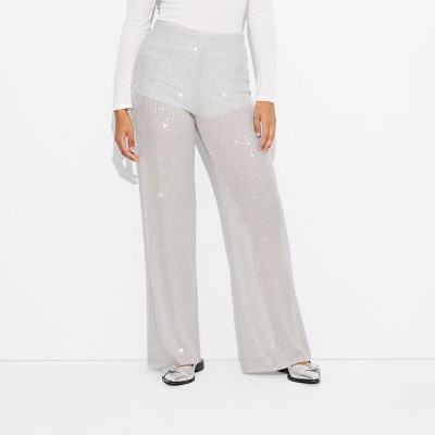 Women's Mid-Rise Wide Leg Holiday Sequin Pants - Wild Fable Gray S