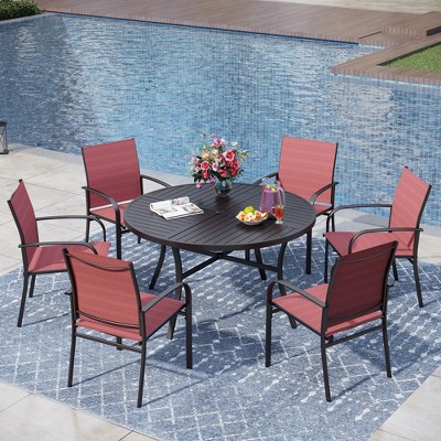Captiva Designs 7pc Black Round Slatted Steel Table with Umbrella Hole & Textilene Chairs