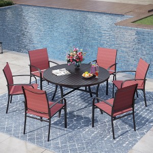 Captiva Designs 7pc Black Round Slatted Steel Table with Umbrella Hole & Textilene Chairs - 1 of 4