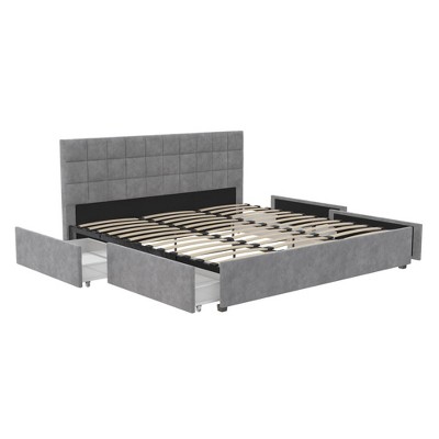 King Light Gray Velvet Upholstered Bed with Storage Drawers