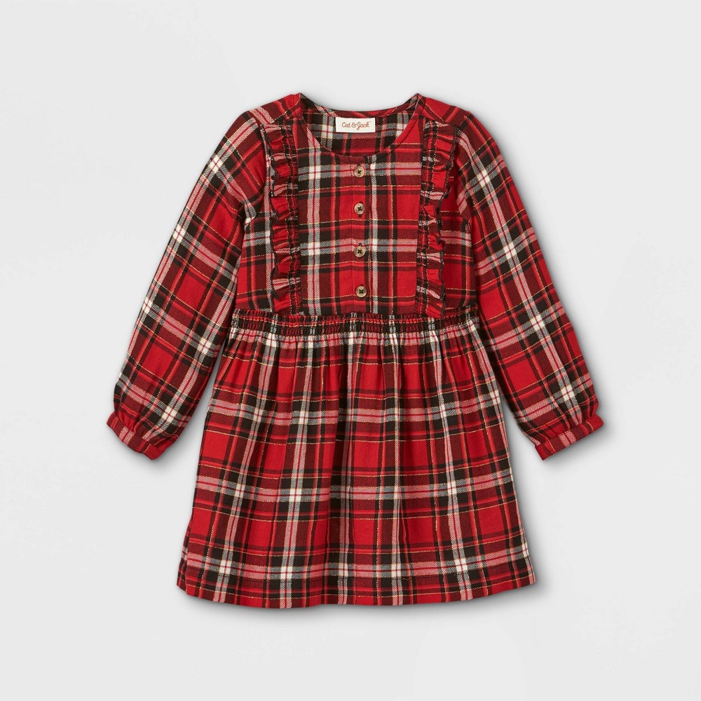 Size 3T Toddler Girls' Sparkle Plaid Button-Front Long Sleeve Dress - Cat & Jack Red 3T 