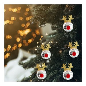 Angel Sar 5-Pack Silver Disco Mirror Christmas Balls with Elk Horns, Reflective Hanging Ornaments with Rope for Xmas Tree, Wedding, Party Dance Decor - 1 of 4