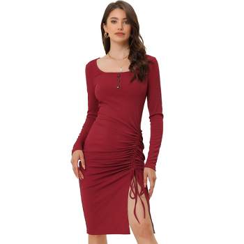 Allegra K Women's Drawstring Ruched Front Square Neck Long Sleeve Knit Bodycon Dress