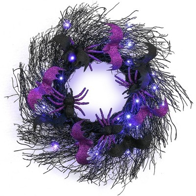 20 Inch 30 LED Halloween Wreath Decoration with Bat & Spider Purple Lights Battery Operated