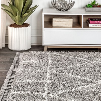 Moroccan Geometric Trellis Grey/Cream Shag Area Rug 7'x5'