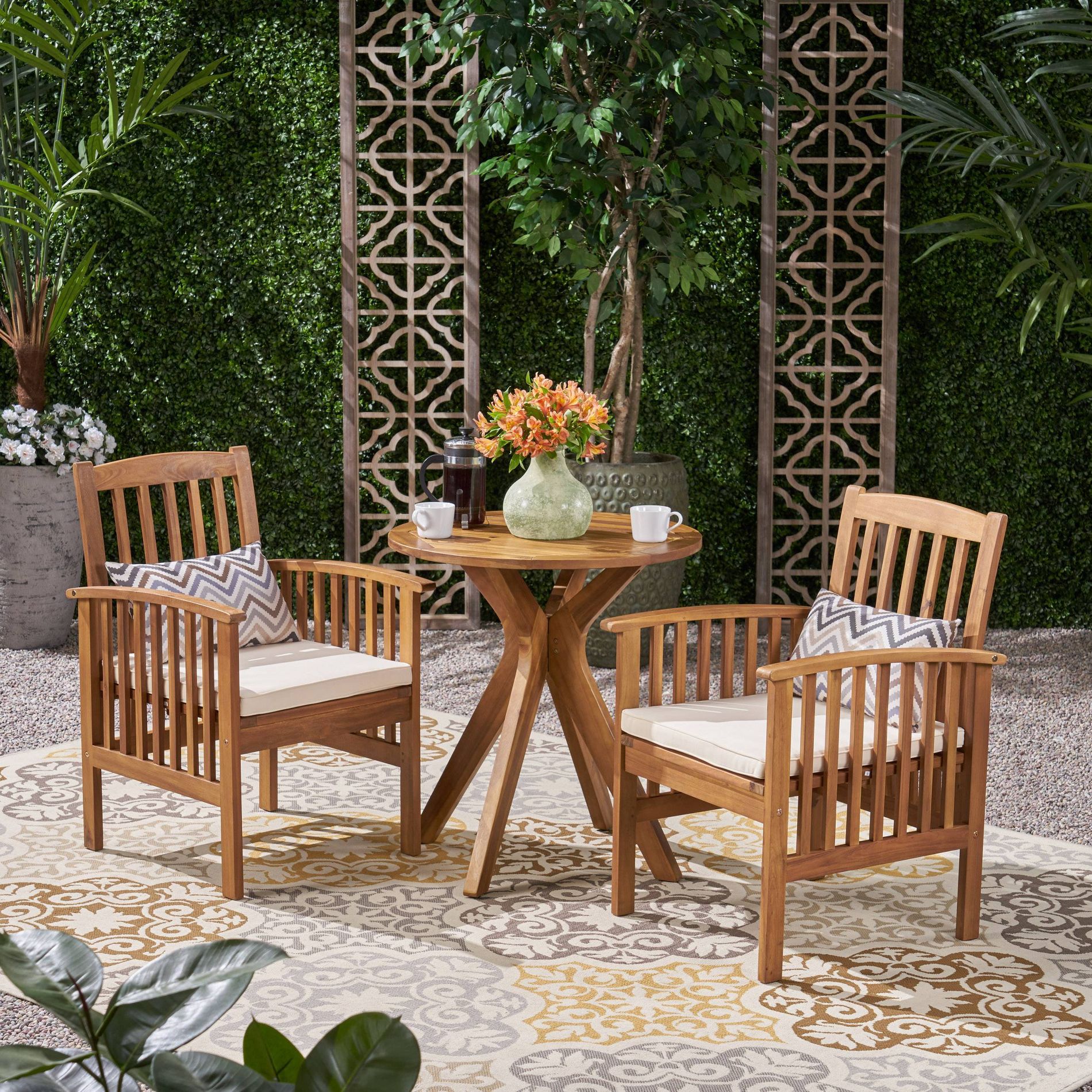 Casa 3pc Acacia X Leg Bistro Dining Sett  Teak/Cream - Christopher Knight Home