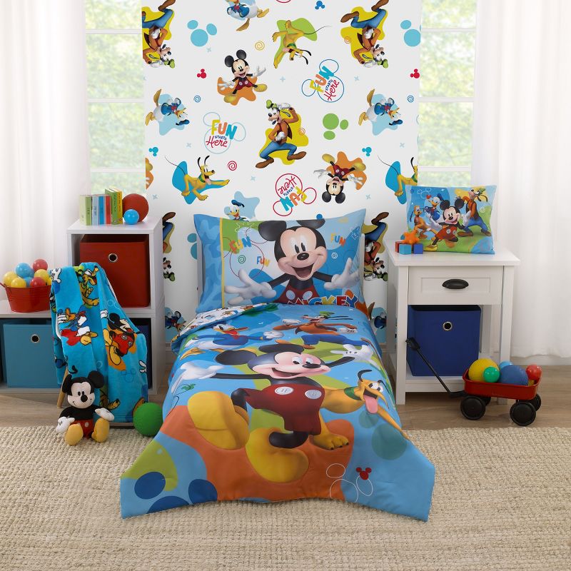 Disney Mickey Mouse Blue, Red, and Green, Donald Duck, Pluto, and Goofy, Fun Starts Here 4 Piece Toddler Bed Set, 1 of 7