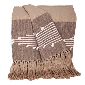 HomeRoots 50" X 60" Brown and Beige Woven Cotton Striped Throw Blanket with Tassels and Embroidery - 1 of 4