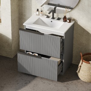 Lyngins Modern Fluted Design Freestanding Vanity, Bathroom Vanity with Ceramic Sink, Dual-Tier Split Full-Extension Drawers - 1 of 4