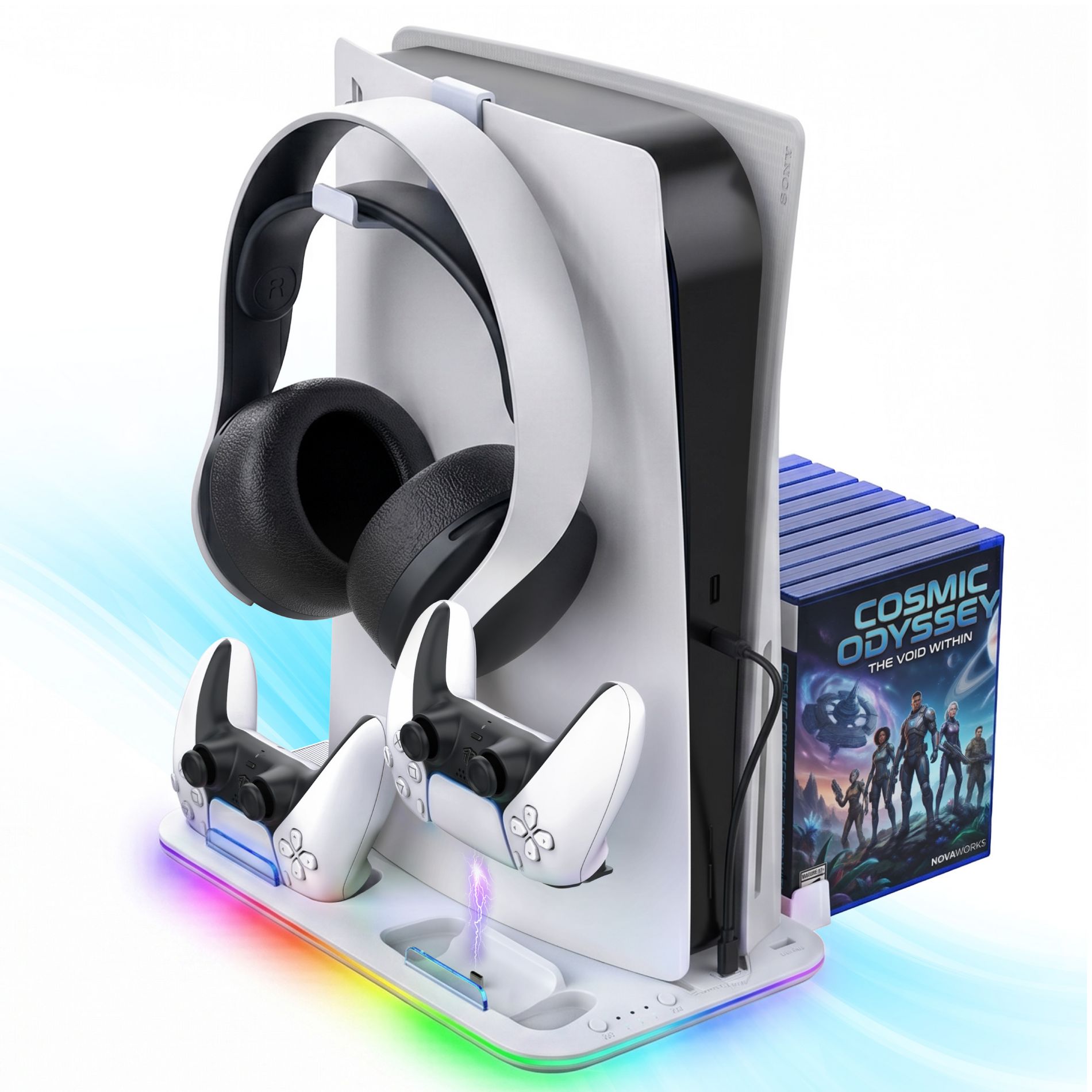 Fosmon For PS5 Cooling Station with PS5 Controller Charger Station For PS5 Pro Slim, PS5 Stand, PS5 Dock with Fan with RGB Headset Hook 15 Disc Holder