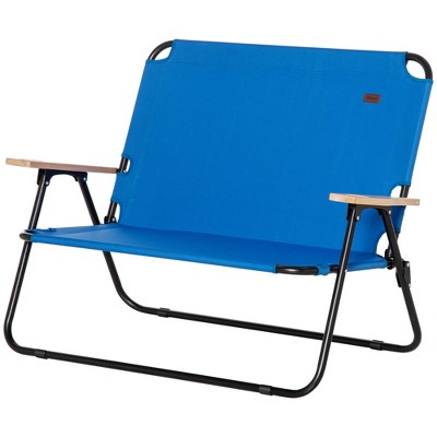 Blue Folding Double Camping Chair with Wood Armrests