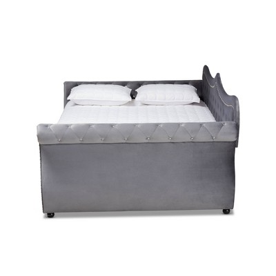 Gray Velvet Upholstered Full Daybed with Tufted Trundle