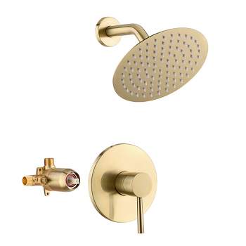 sumerain Shower Faucet Set Brushed Gold, Anti-scald Pressure Balance Valve, 8 Inches Extra-thin Rain Shower Head, with Non-return Check Valves