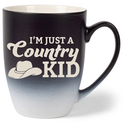 100 North Cowboy Hat 10 Ounce Black and White Two Toned Ombre, Comfortably Fits Your Hands, Ceramic Tea Coffee Cup Mug, I'm Just A Country Kid