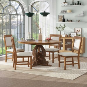 Dining Sets Round, Dining Sets 5 Piece, Dining Set Solid Wood With 16'' Leaf And 4 Upholstered Chairs, Extendable Dining Table Set-Cuddlewood - 1 of 4