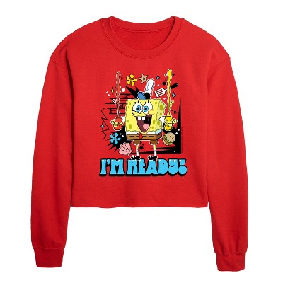 SpongeBob SquarePants I'm Ready Cropped Long Sleeve Crew Neck Sweatshirt - Red - X-Large