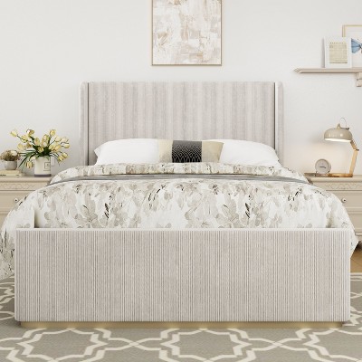 CAVINAS King/Queen Size Corduroy Upholstered Platform Bed Frame with Vertical Stripe Headboard,No Box Spring Needed