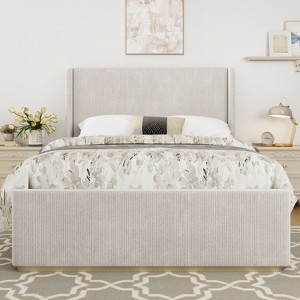 CAVINAS King/Queen Size Corduroy Upholstered Platform Bed Frame with Vertical Stripe Headboard,No Box Spring Needed - 1 of 4