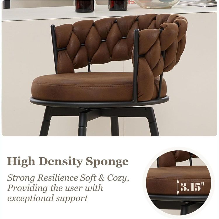 DYHOME 28 inch Bar Stools Set of 3, Modern Counter Height Bar Stools, 360° Swivel Suede Fabric Stool Chairs with Woven Back and Footrest, 4 of 8