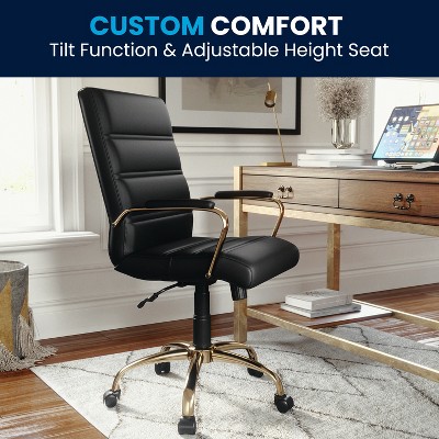 Mid-Back Black LeatherSoft Executive Swivel Office Chair with Gold Frame