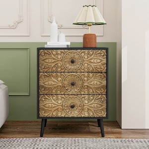 3 Drawer Cabinet With 3 Drawers, Solid Wood Hand-carved Relief, Backboard Lock Buckle Waterproof Storage Organizer - 1 of 4
