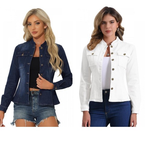INSPIRE CHIC Women's Button Front Stand Collar Long Sleeve Jean Jackets with Pockets 2 Packs Dark Blue/White Large
