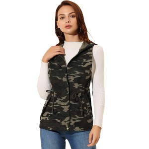 INSPIRE CHIC Women's Camo Drawstring Waist Hooded Cargo Vest with Pockets - 1 of 4