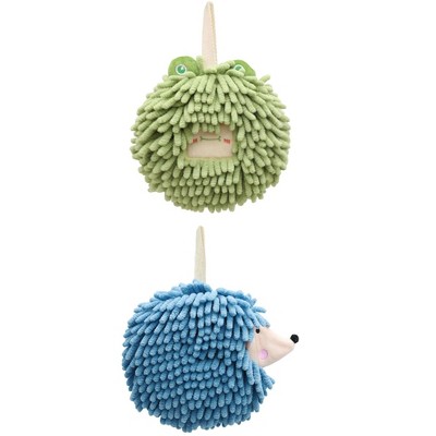 REGALWOVEN Chenille Fuzzy Ball Cute Cartoon Decorative Hand Drying Hanging Hand Towel for Bathroom 7" x 7" 2 Pcs