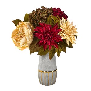 Nearly Natural 17-in Peony, Hydrangea and Dahlia Artificial Arrangement in Stoneware Vase with Gold Trimming - 1 of 3