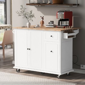 Vynxaria Kitchen Island with Drop Leaf, 53.9" Rolling Kitchen Cart on Wheels with Internal Storage Rack, Kitchen Storage Cart with Spice Rack (White) - 1 of 4
